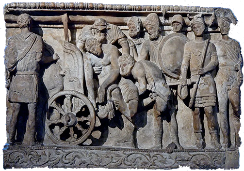 Patroclus Lifted by Meriones and Meneleus, Etruscan Relief, 2nd Century BCE